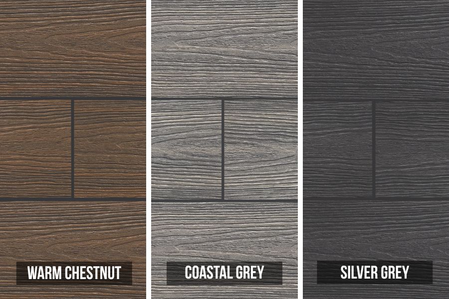 Image showing the 3 colour options for NewTechWood wood effect composite decking boards